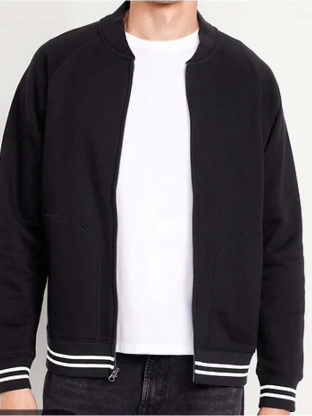 Old Navy Black Bomber Jacket with White Stripe Trim